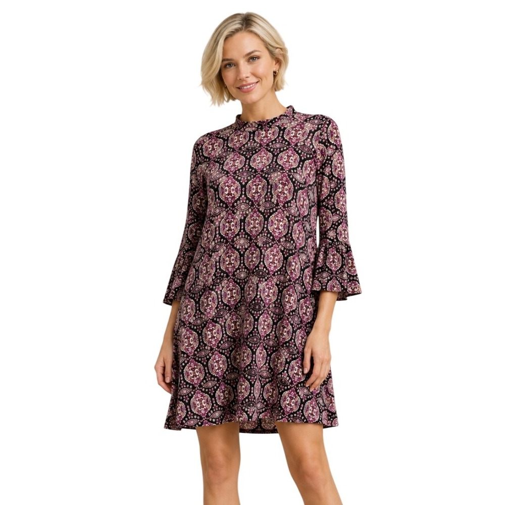 Paisley Raye Womens SZ XS Bohemian Chic High Neck Long Sleeve Purple Swing Dress
